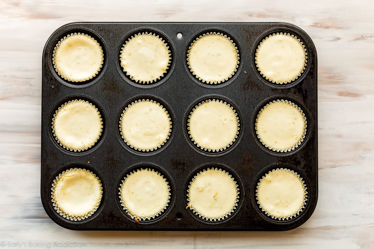 baked mini cheesecakes in muffin pan.