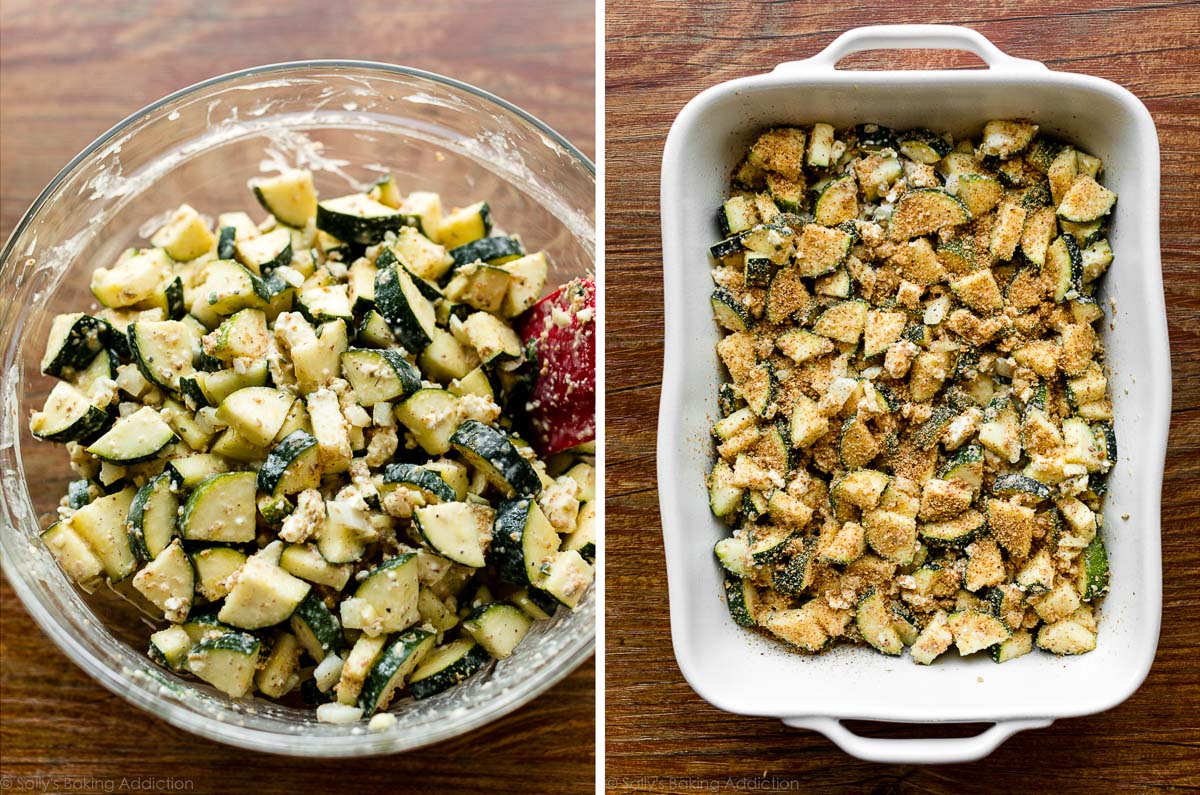 zucchini feta and herb mixture in glass bowl and spread into white ceramic baking dish