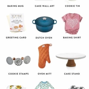 collage of graphics of different baking items including mini bundt pan, orange oven mitt, pink baking shirt, blue dutch oven, cookie tin, and more.