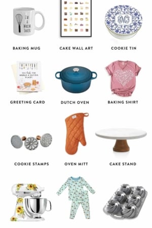 collage of graphics of different baking items including mini bundt pan, orange oven mitt, pink baking shirt, blue dutch oven, cookie tin, and more.