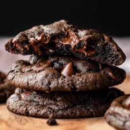 stack of 3 double chocolate chip cookies.