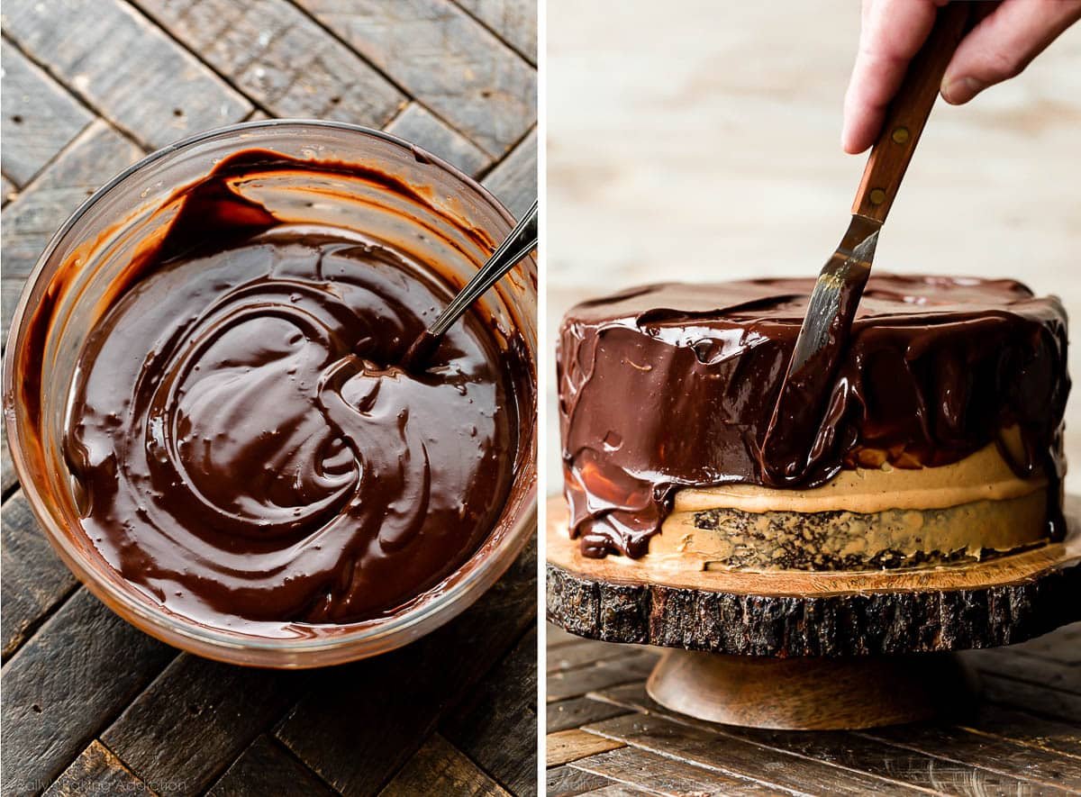 chocolate ganache in bowl and spreading on exterior of cake.