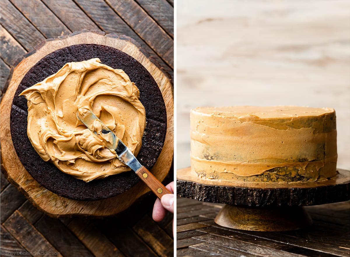 spreading peanut butter frosting on and around chocolate layer cake.
