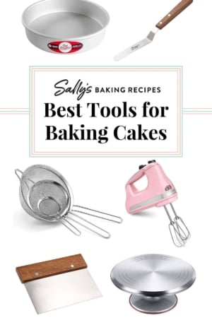 collage of cake baking and decorating tools with Sally's Baking Recipes logo.
