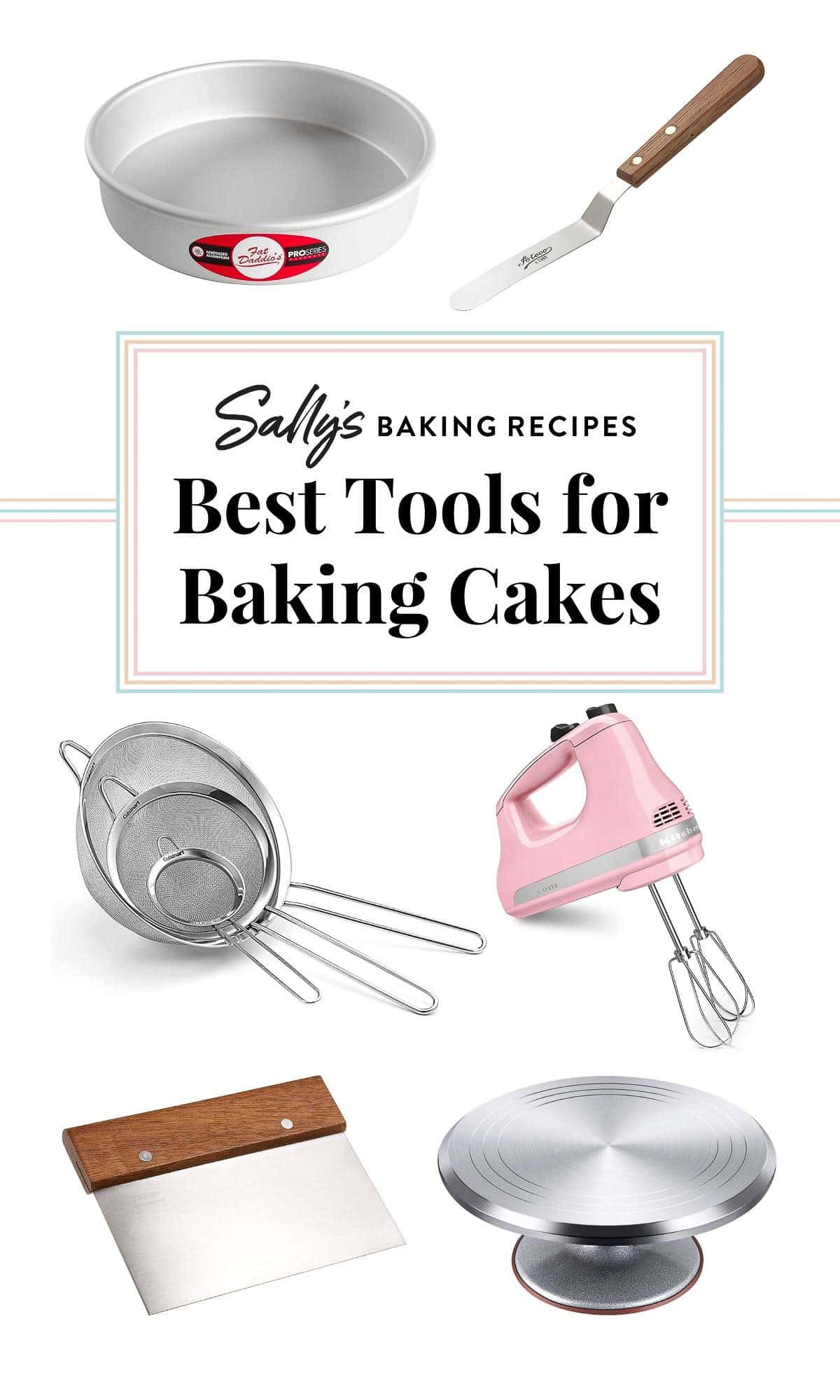 collage of cake baking and decorating tools with Sally's Baking Recipes logo.