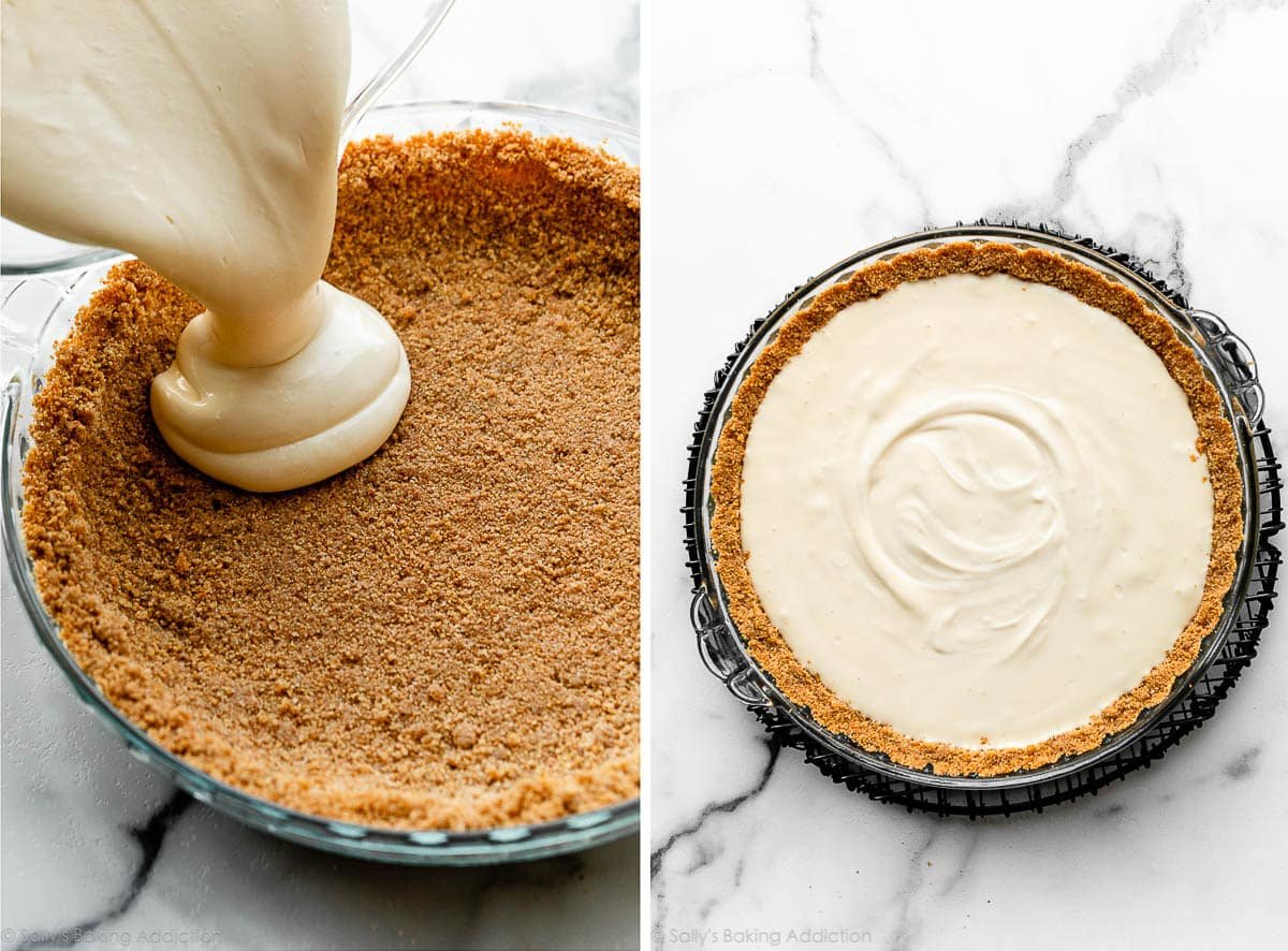 pouring batter into graham cracker crust and shown again right before baking.