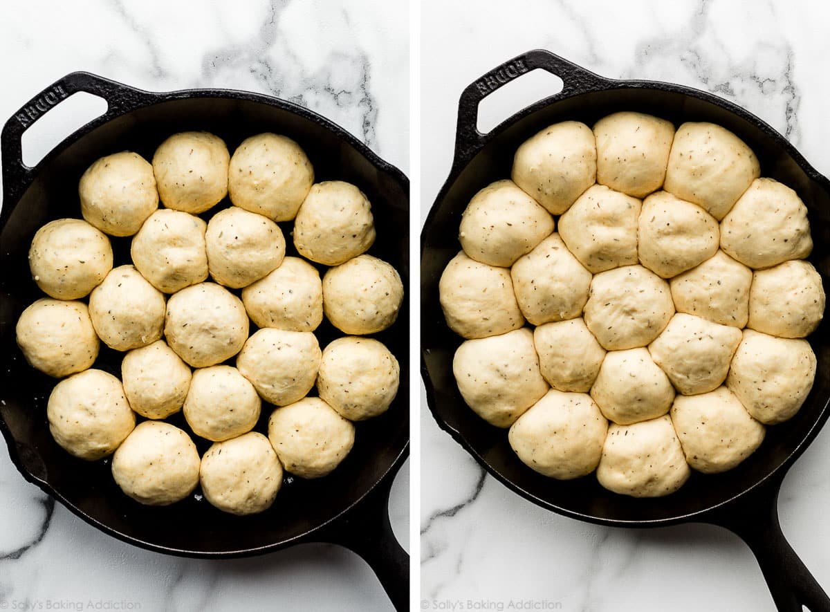 dough balls in cast iron skillet before rising and shown again after rising.