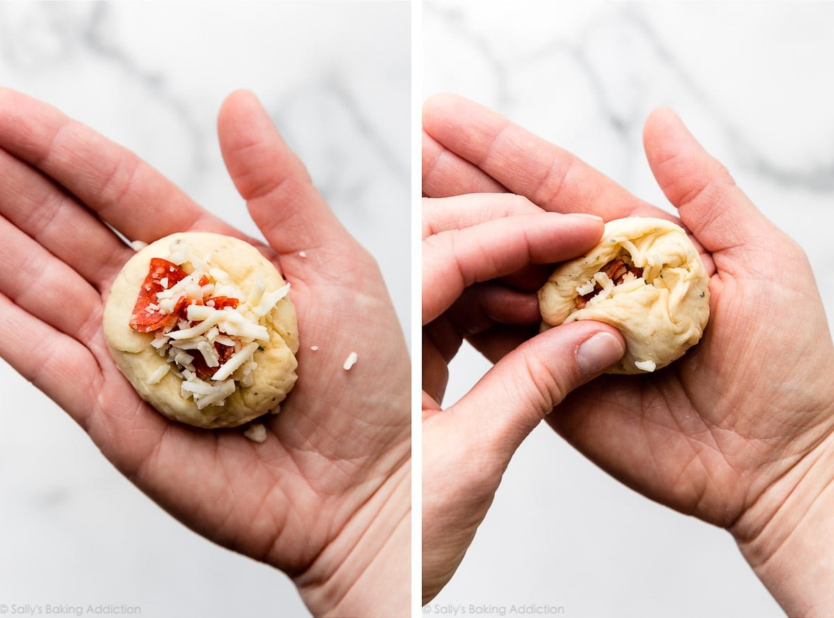 dough ball in hand topped with pepperoni and cheese and shown again being covered by dough.
