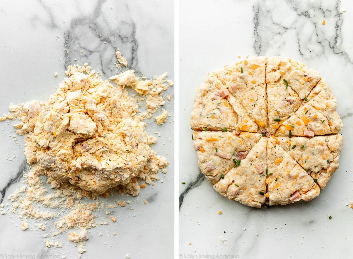 crumbly cheddar cheese scone mixture on marble counter and shown again shaped into a circle.