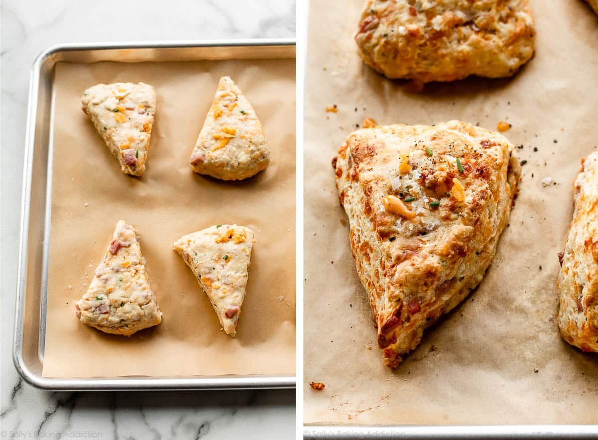 shaped ham & cheddar cheese scones before and after baking on parchment paper-lined baking sheet.