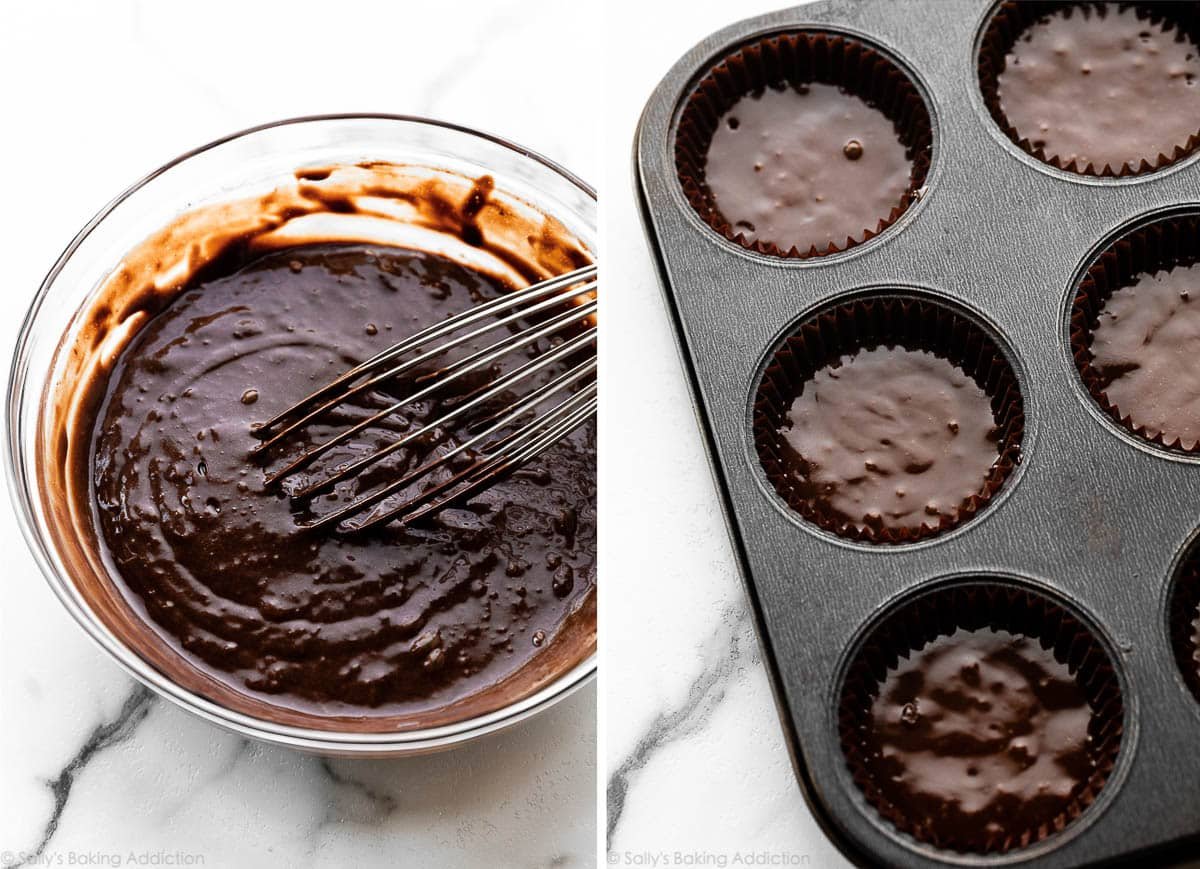 chocolate batter in glass dish and shown again in muffin liners.