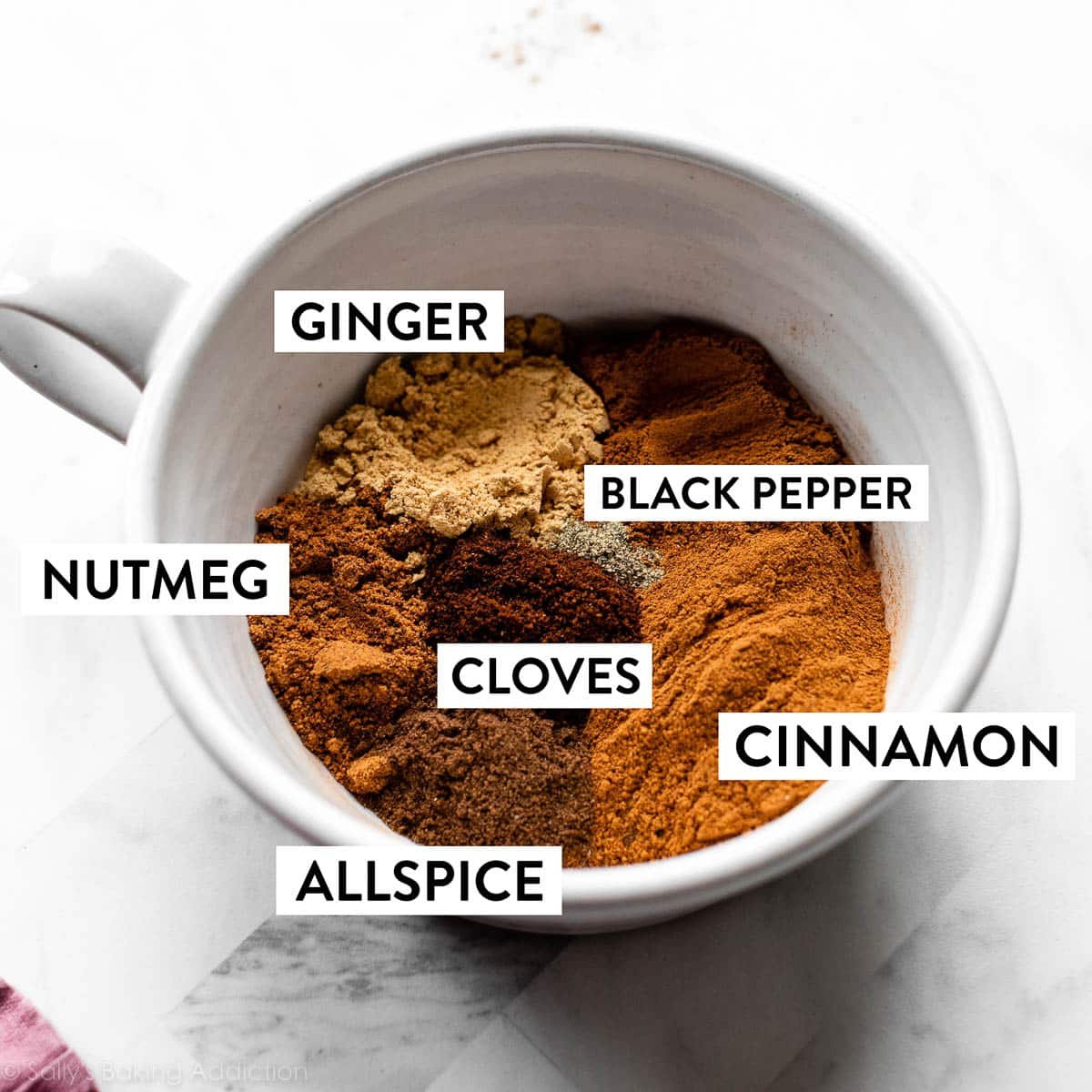 spices in a large white mug including ginger, nutmeg, pepper, cloves, cinnamon, and allspice.