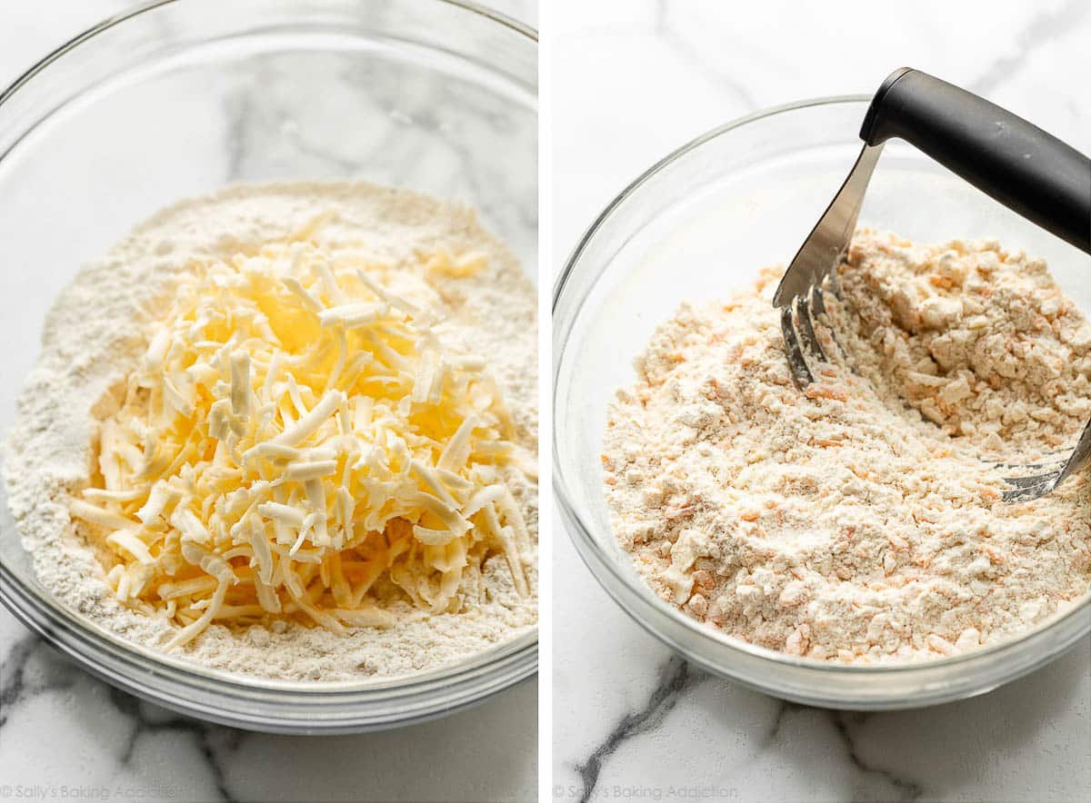 shredded frozen butter on top of dry ingredients in glass bowl and shown again cut into the mixture with a pastry cutter.