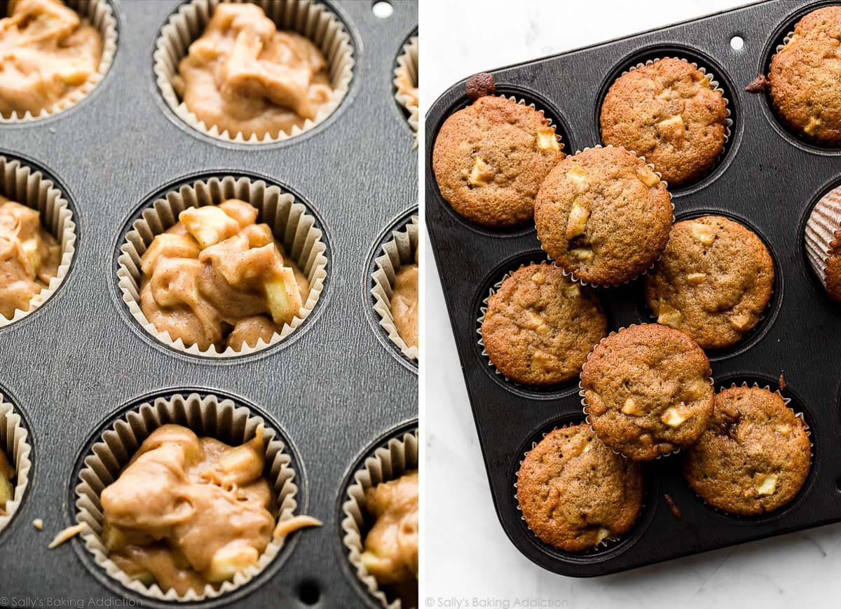 pastella per cupcakes in una teglia per muffin foderata e mostrata di nuovo sfornata nella teglia per muffin.