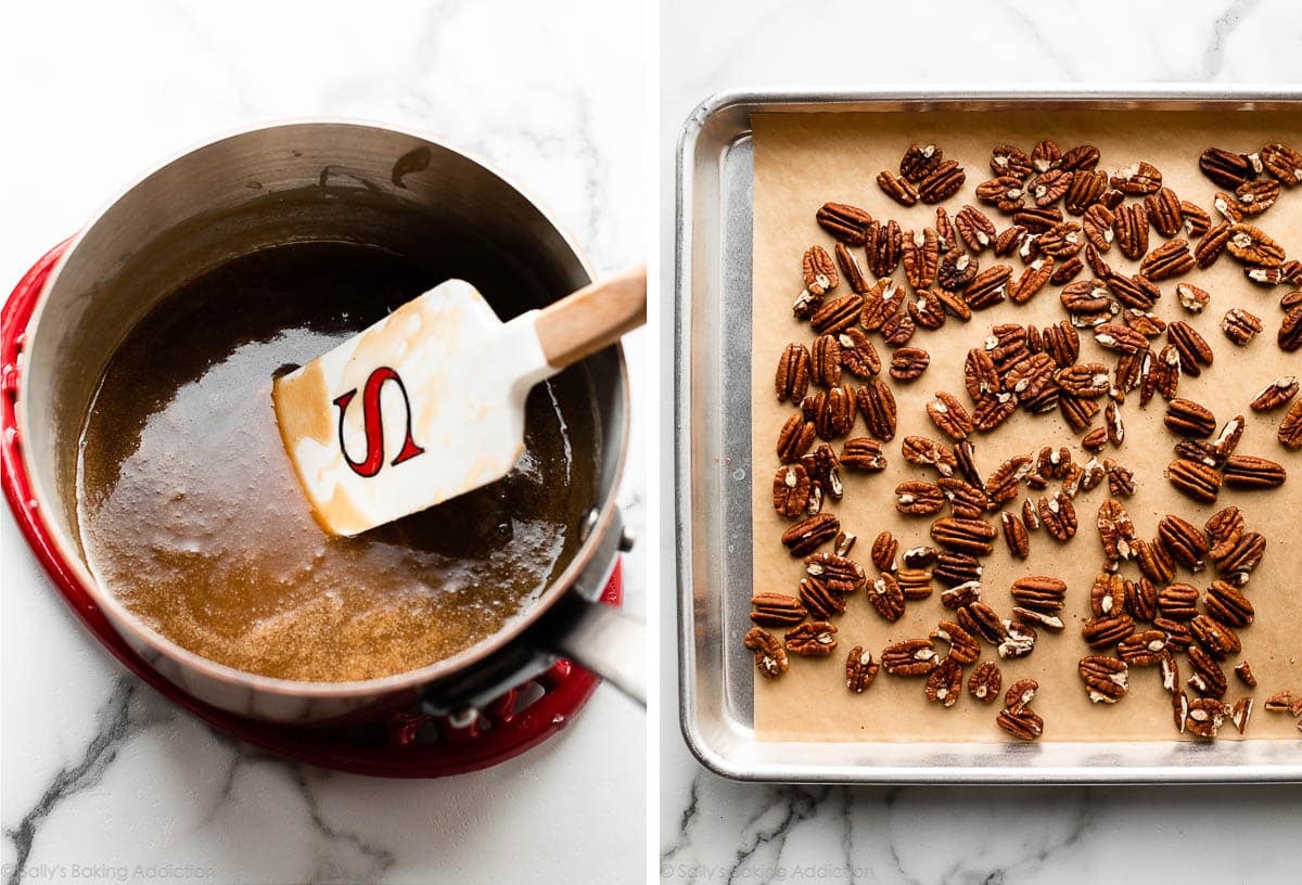 caramel sauce in copper pot and another photo of toasted pecans on lined baking sheet.