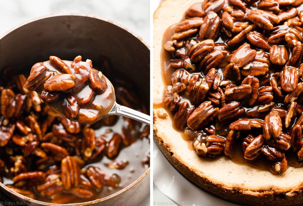 caramel pecan pie topping mixture on spoon and spread on top of cake.
