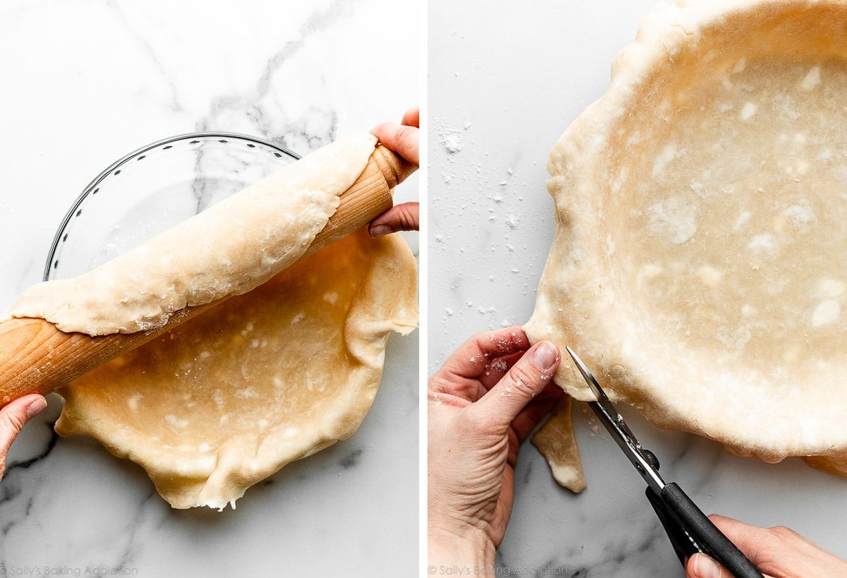 hands using rolling pin to fit dough into pie dish and hands using scissors to cut excess dough around edge.
