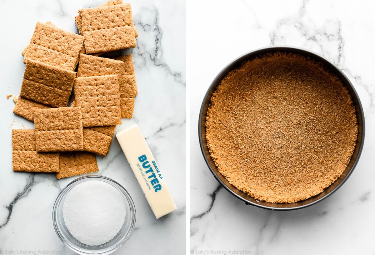 graham crackers, sugar, and stick of butter and another photo of graham cracker crust pressed into pan.