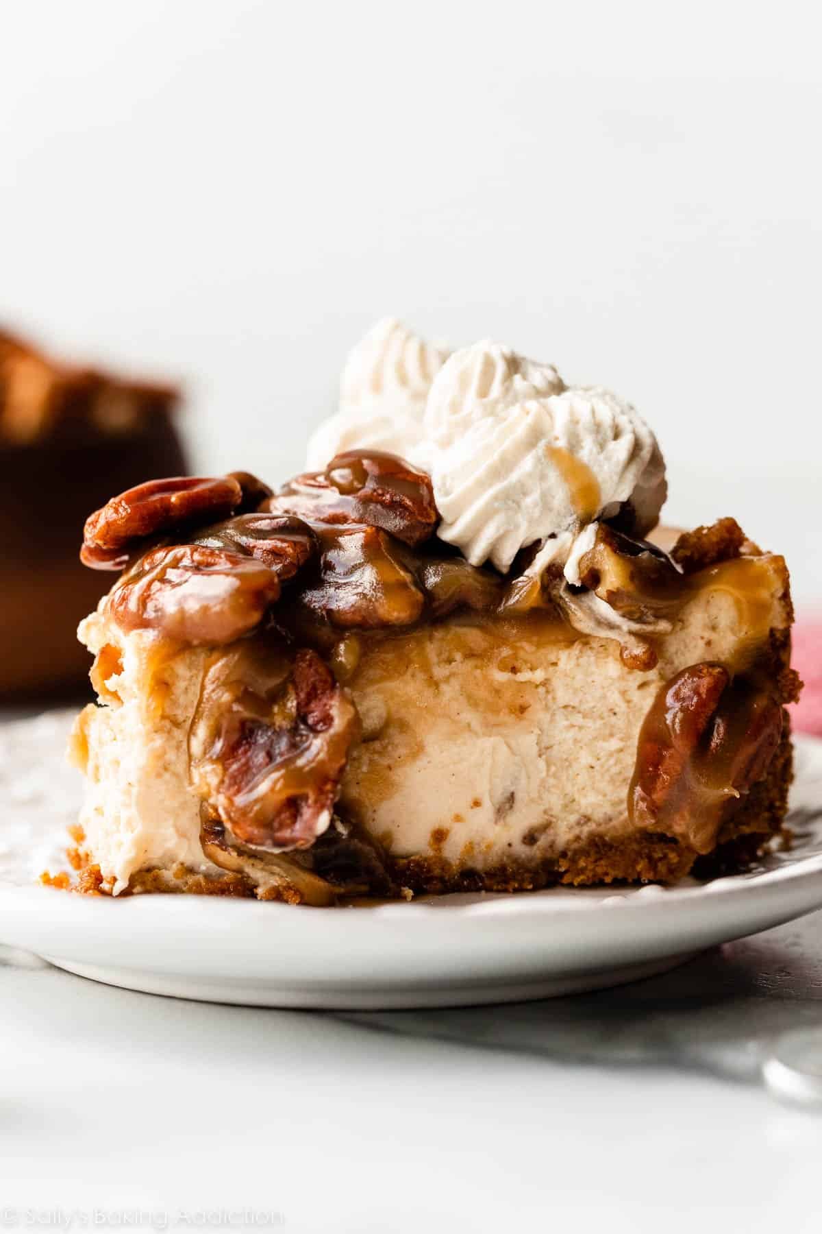 slice of brown sugar pecan pie cheesecake with gooey caramel topping and whipped cream piped on top.