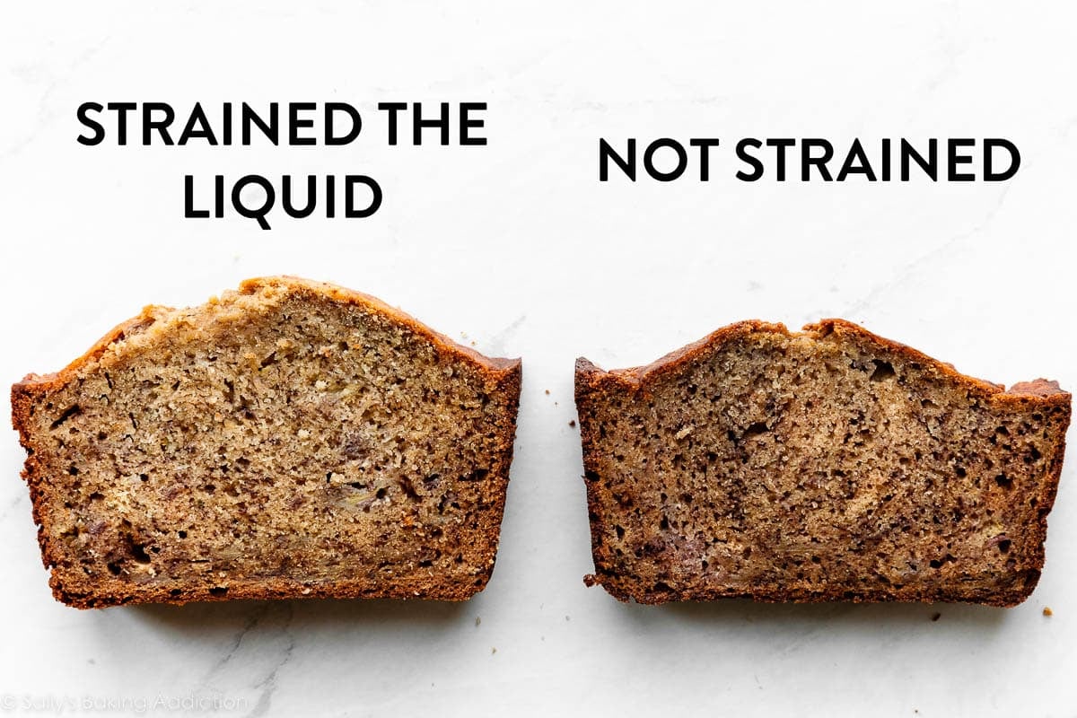 photo showing 2 slices of banana bread comparing how they look when you use frozen, thawed bananas.