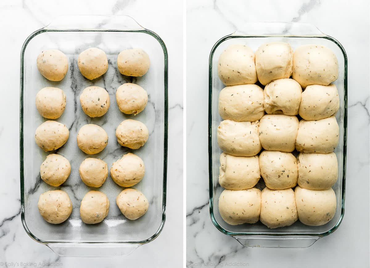 sage rolls arranged in glass baking dish and shown before and after rising.