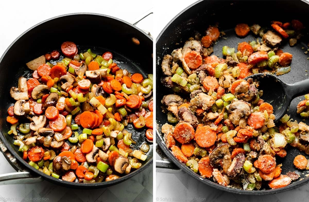 carrots, celery, and mushrooms in big skillet and shown again with flour stirred in.
