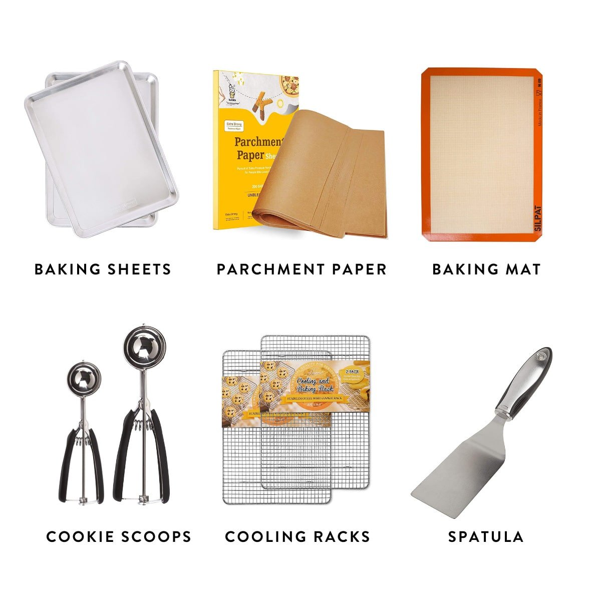 collage of graphics of different baking items including baking sheets, parchment paper, spatula, and cookie scoops.