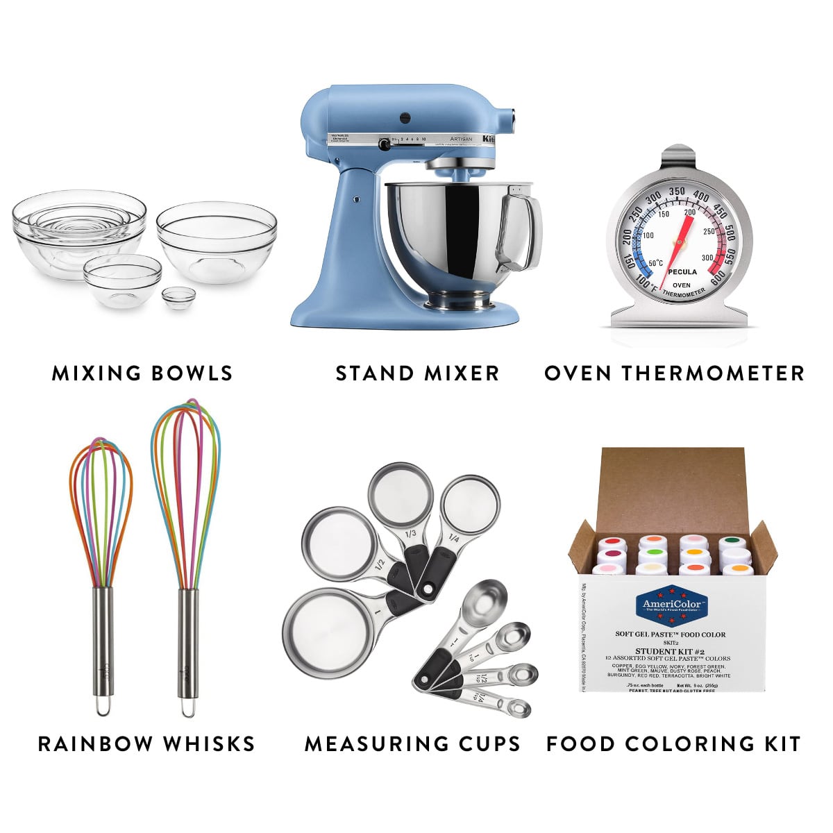 collage of graphics of different baking items including rainbow whisks, stand mixer, measuring cups.