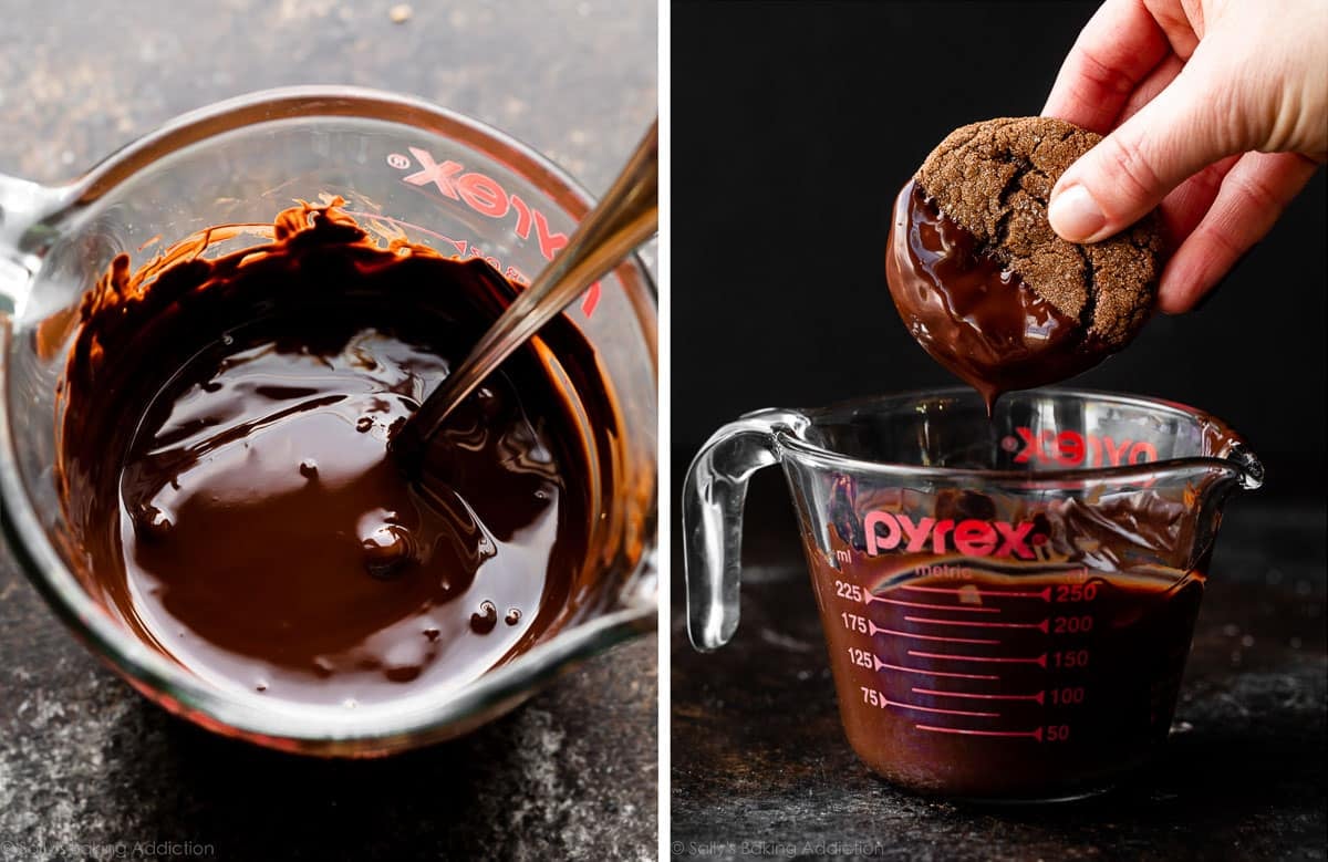 melted chocolate in liquid measuring cup and shown again with cookie being dipped in.