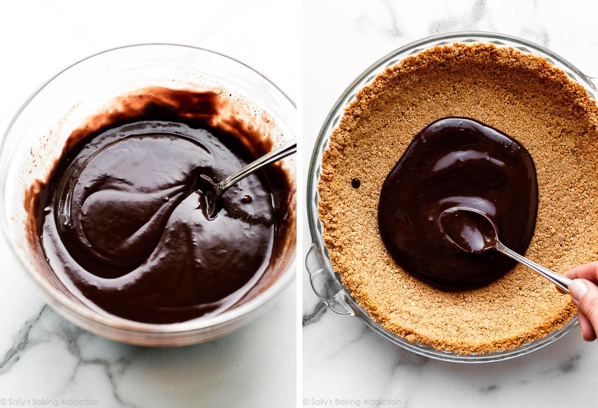 chocolate ganache in bowl and shown again being spread on Nutter Butter pie crust.