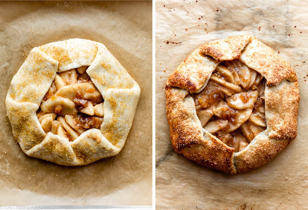 pear galette on lined baking sheet pictured before and after baking.