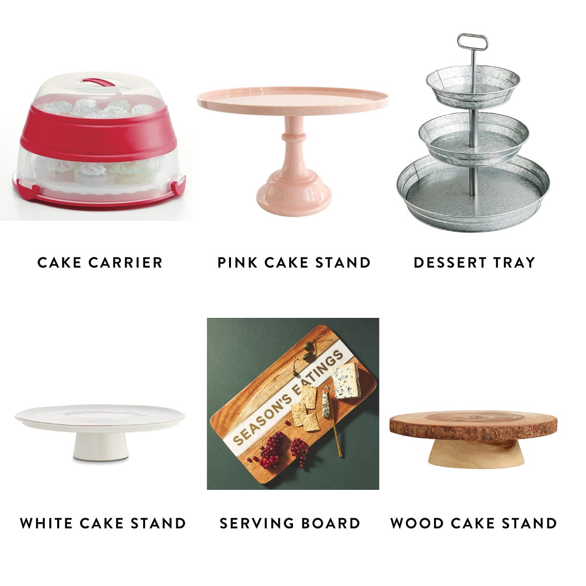 collage of graphics of different baking items including cake carrier, silver dessert tray, wooden cake stand, and more.