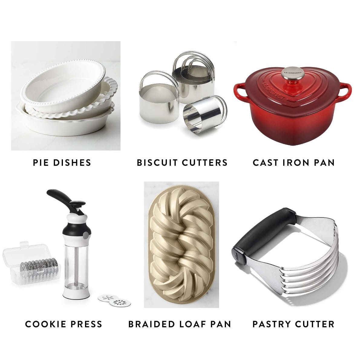 collage of graphics of different baking items including cast iron pan, white pie dishes, braided loaf pan, and more.