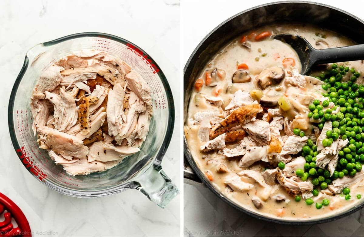 cooked shredded turkey in glass measuring cup and another photo showing turkey and peas in thick gravy sauce.