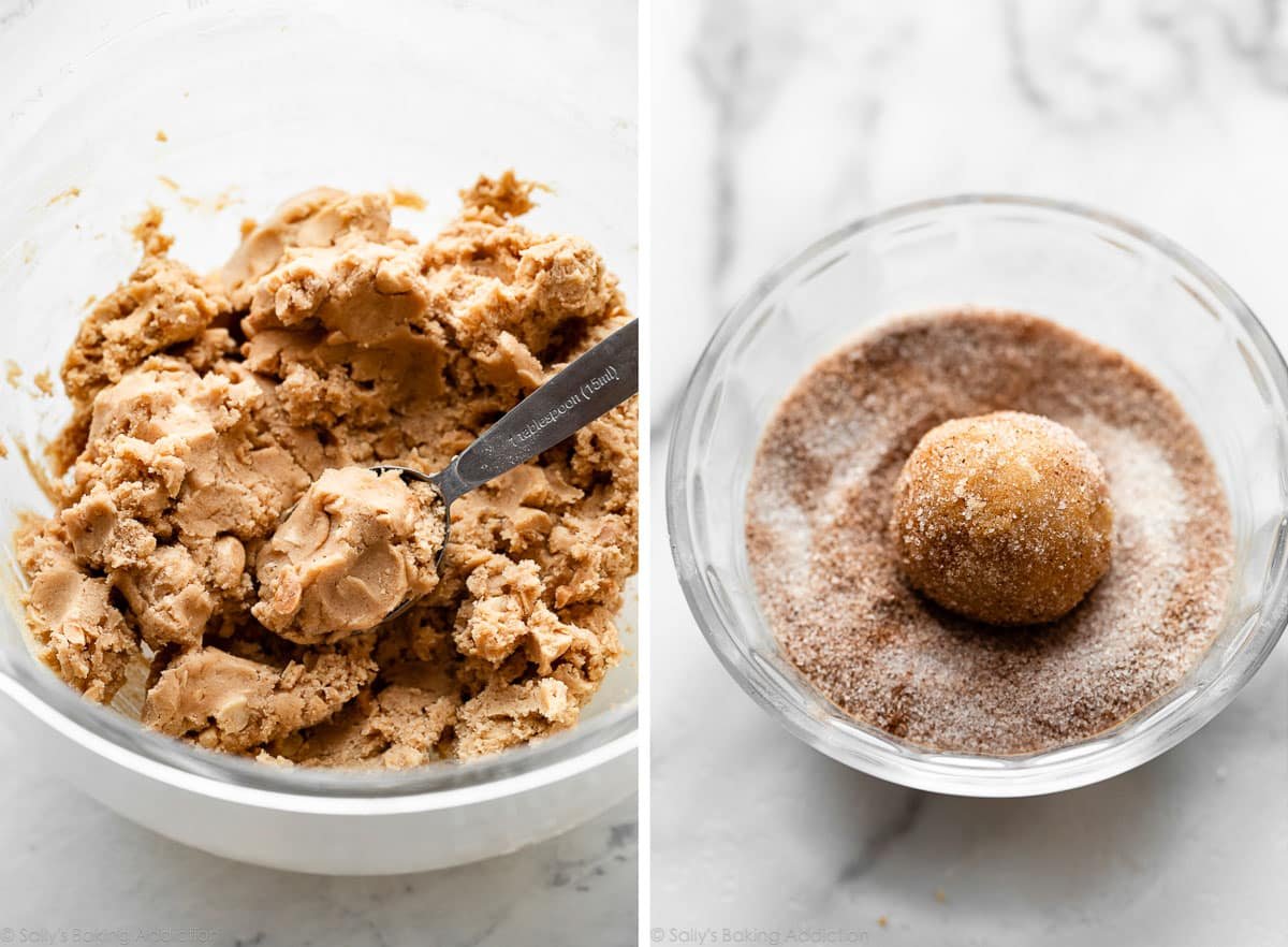 cookie dough in big glass bowl with Tablespoon measuring dough out and another photo showing a dough ball rolled in a bowl of cinnamon sugar.