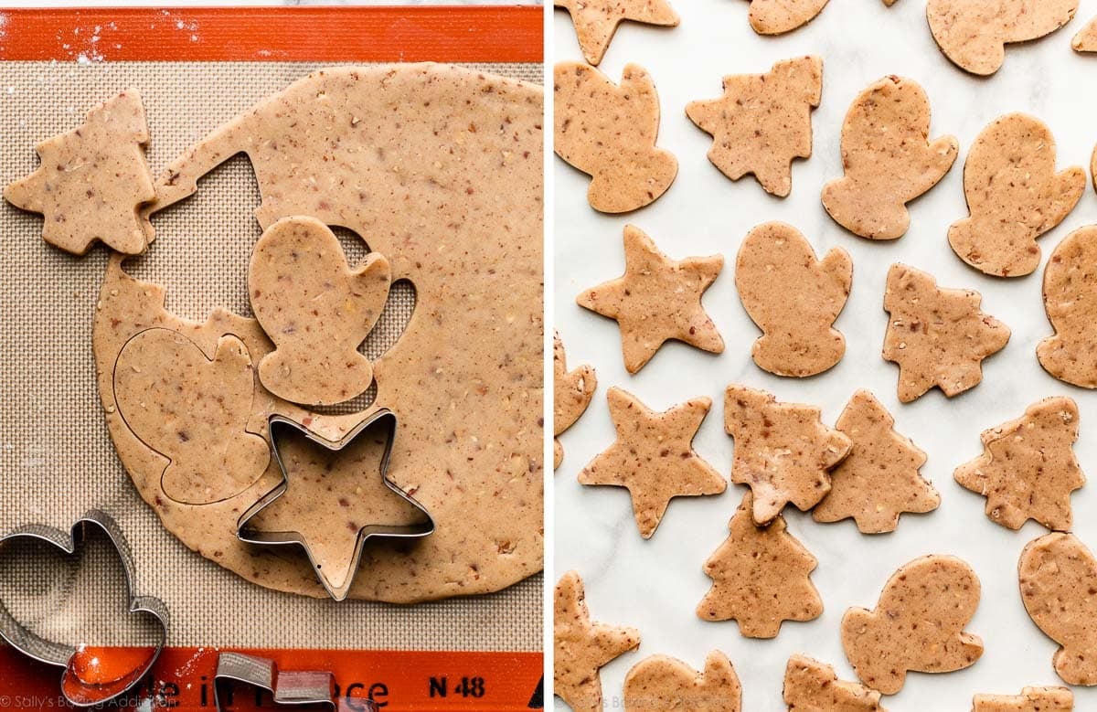 pecan cookie dough being cut into cookie cutter shapes and shown again arranged on parchment paper.