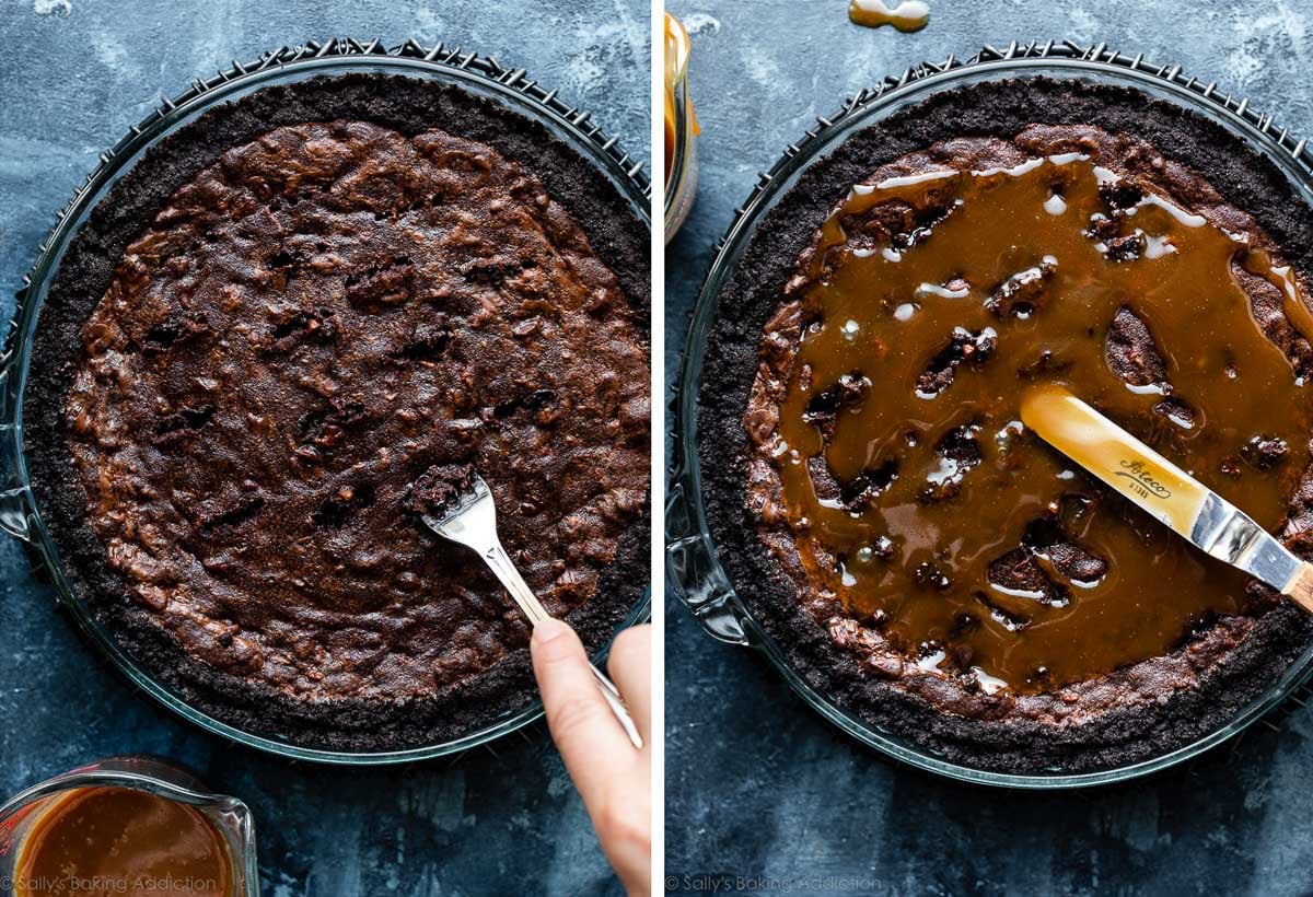 pricking holes in brownie pie with fork and spreading caramel on top.