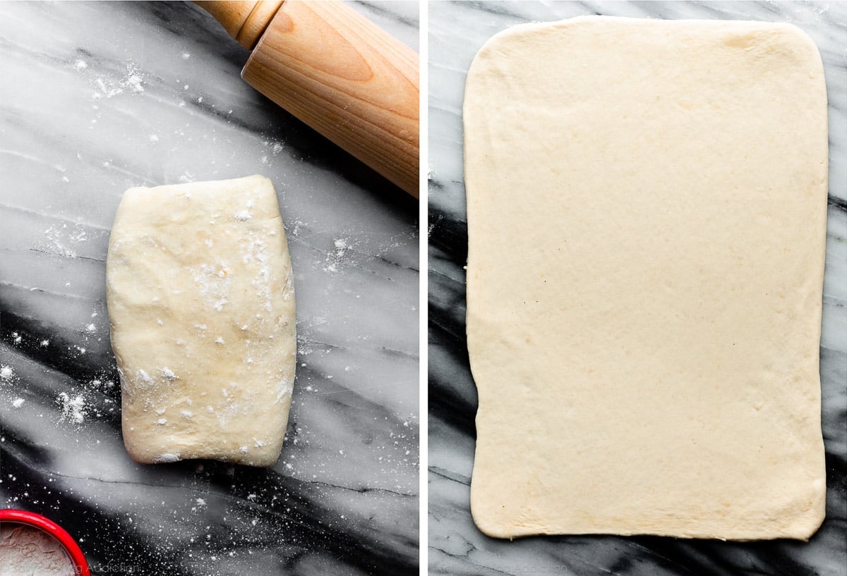 pastry dough on marble counter with rolling pin and shown again rolled out into a large rectangle.