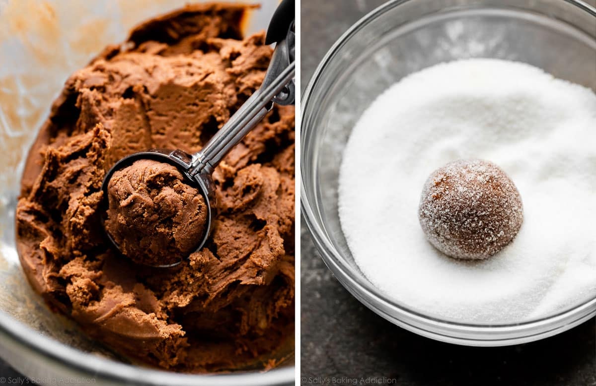 dark cookie dough being scooped with cookie scoop and cookie dough ball rolled in bowl of granulated sugar.