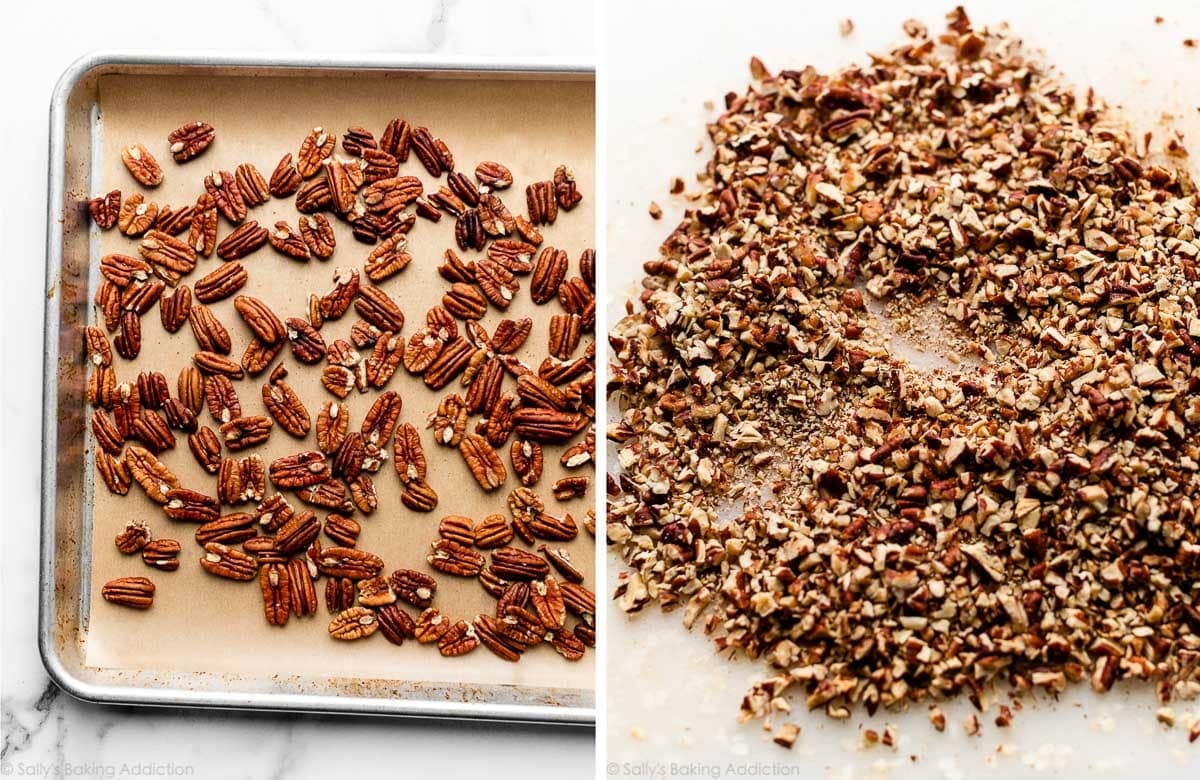 pecans spread on baking sheet and shown again finely chopped on cutting board.