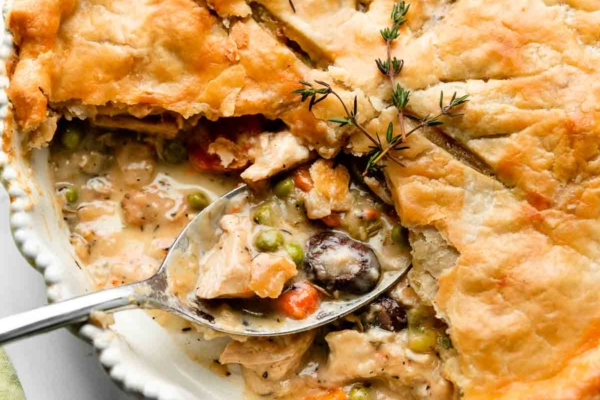 turkey pot pie with slices removed to show carrots, peas, mushrooms, turkey, and gravy filling.