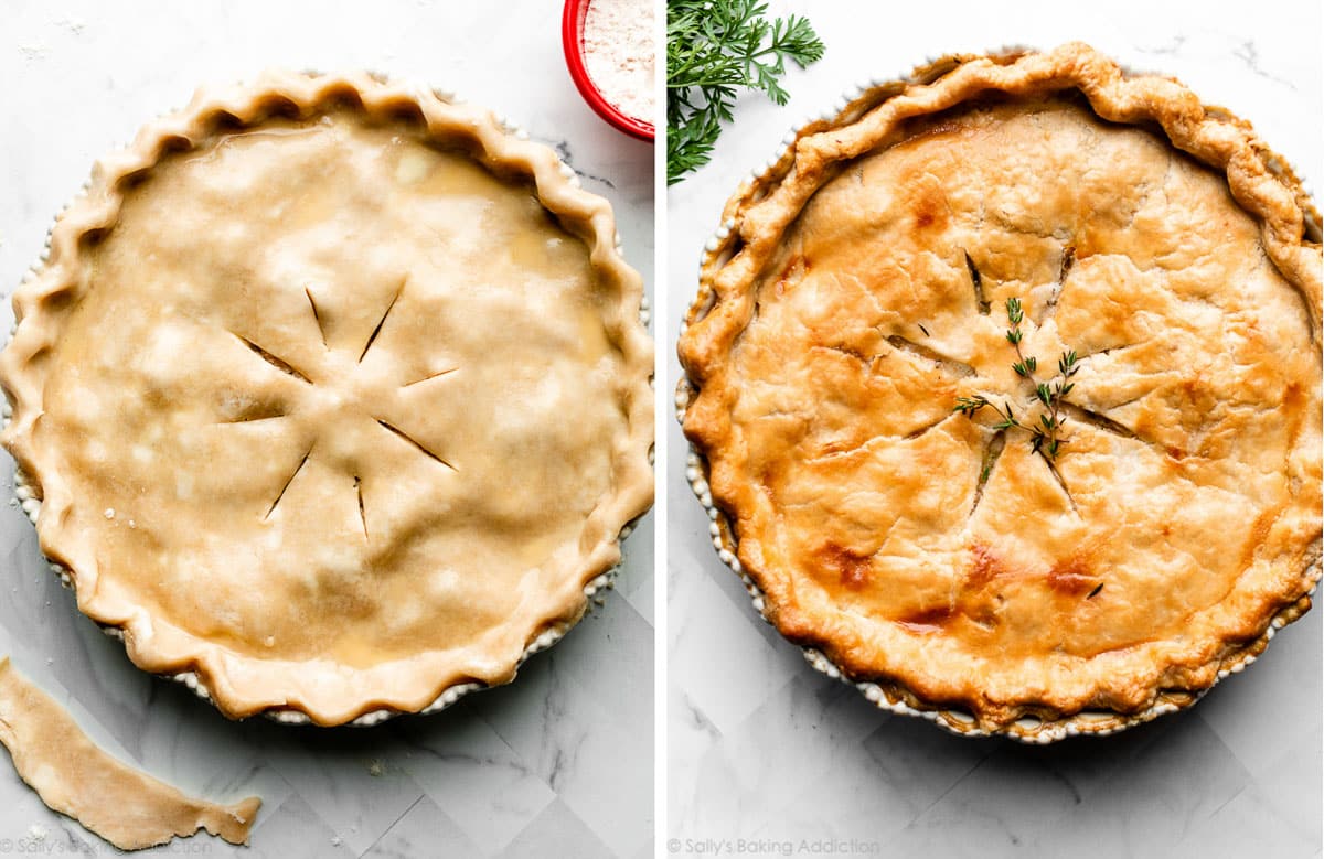 pot pie with pie crust top before and after baking.