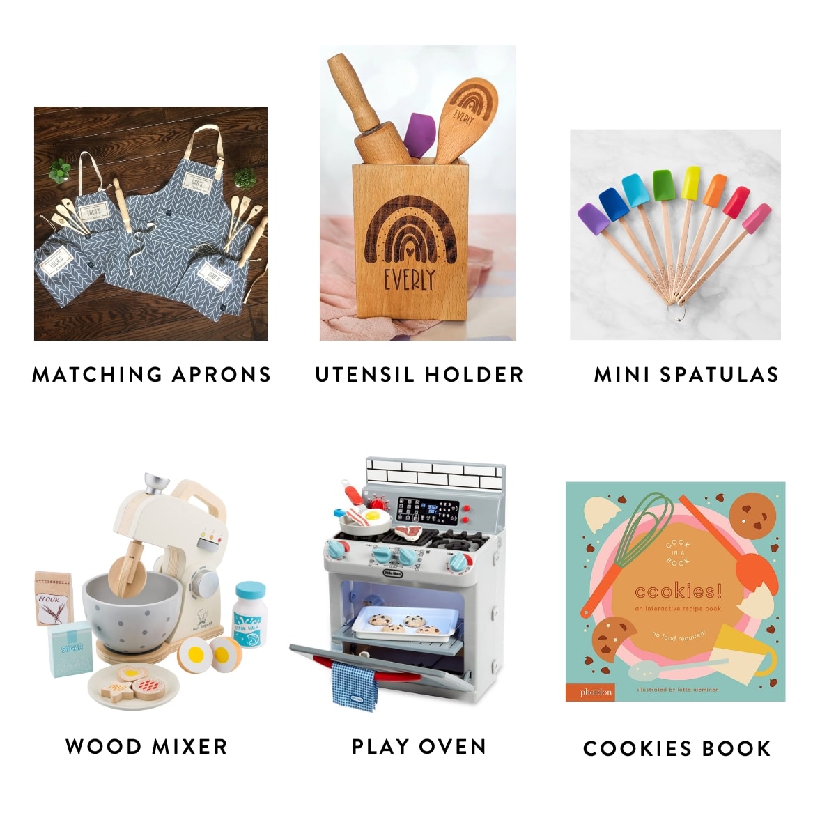 collage of graphics of different baking items including aprons, mini spatulas, wooden mixer, play oven, and more.