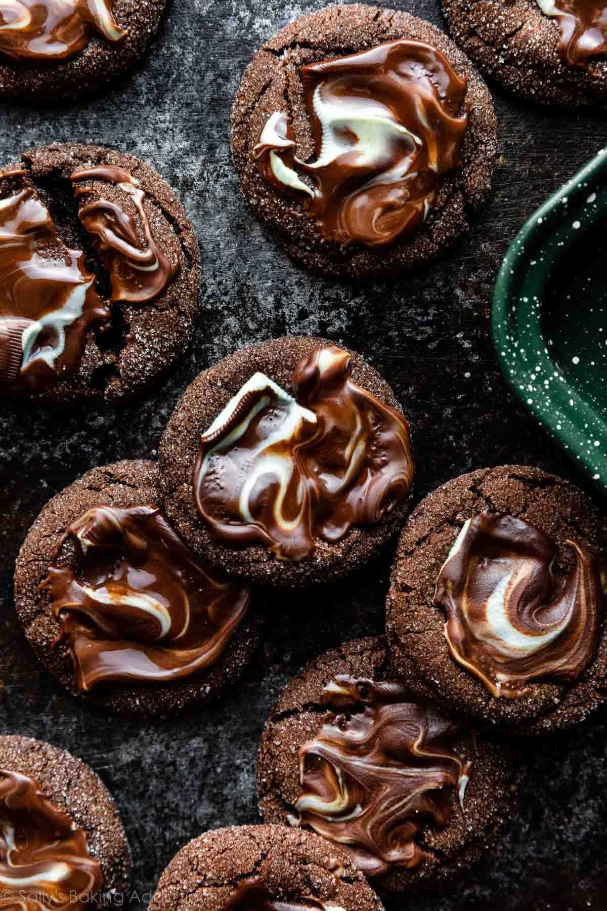 chocolate cookies with melted Andes chocolate mint spread on top.
