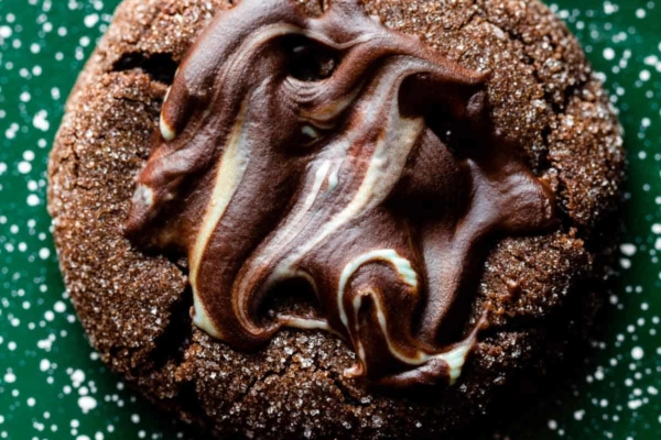 close-up photo of melted Andes mint frosted chocolate cookie.