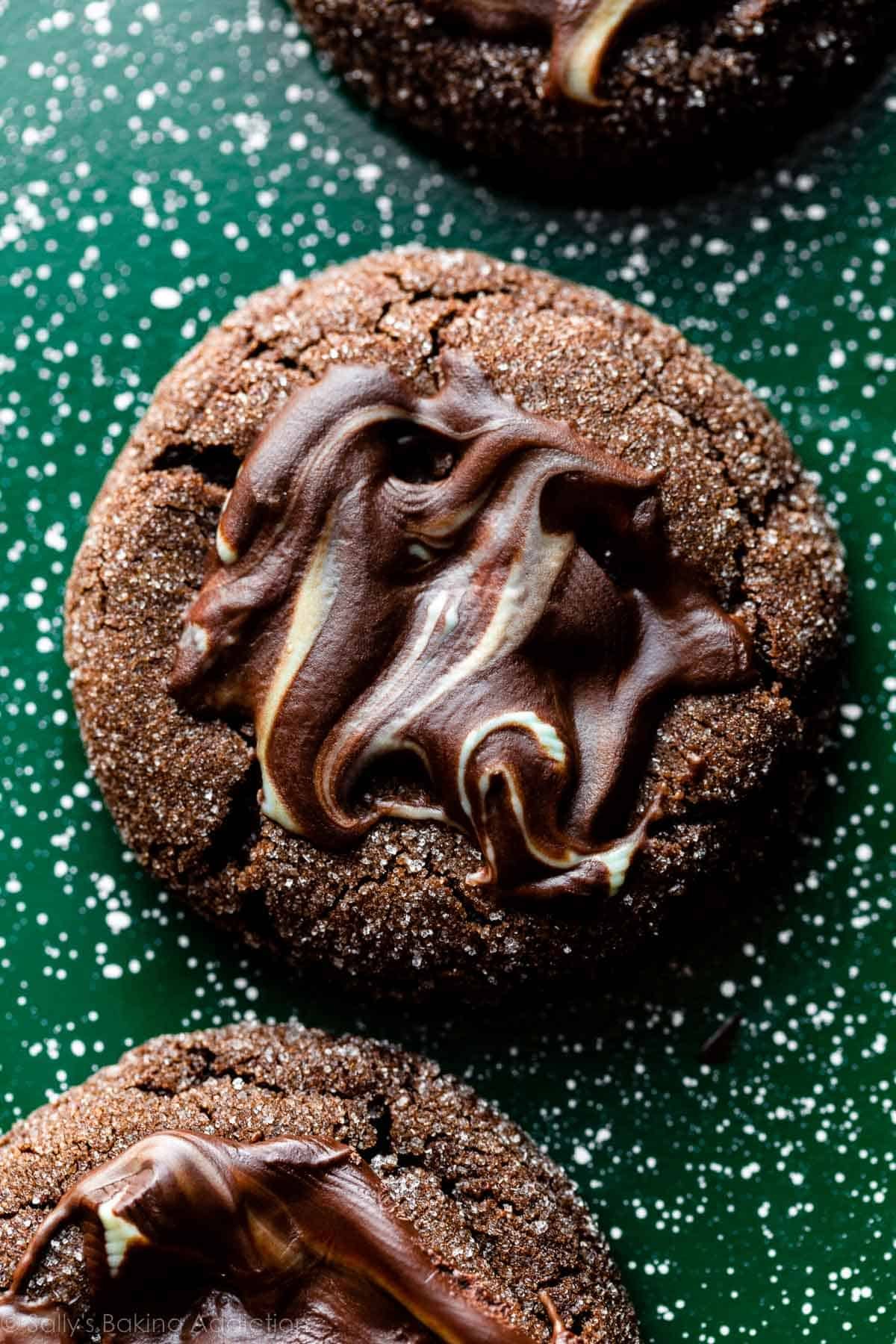close-up photo of melted Andes mint frosted chocolate cookie.