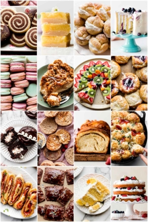 collage of 16 baking recipe photos including pinwheel cookies, vertical cake, pizza rolls, macarons, and more.