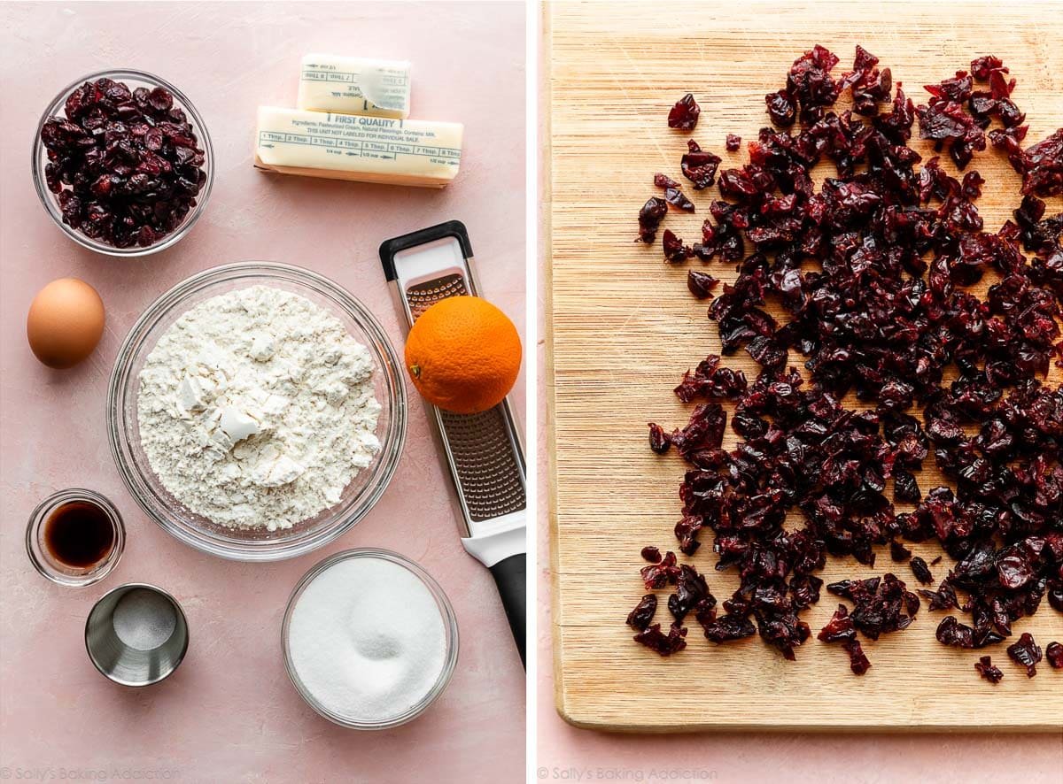 ingredients on pink backdrop including flour, orange, butter, dried cranberries, egg, salt, and sugar, and another photo of cranberries shown on cutting board.