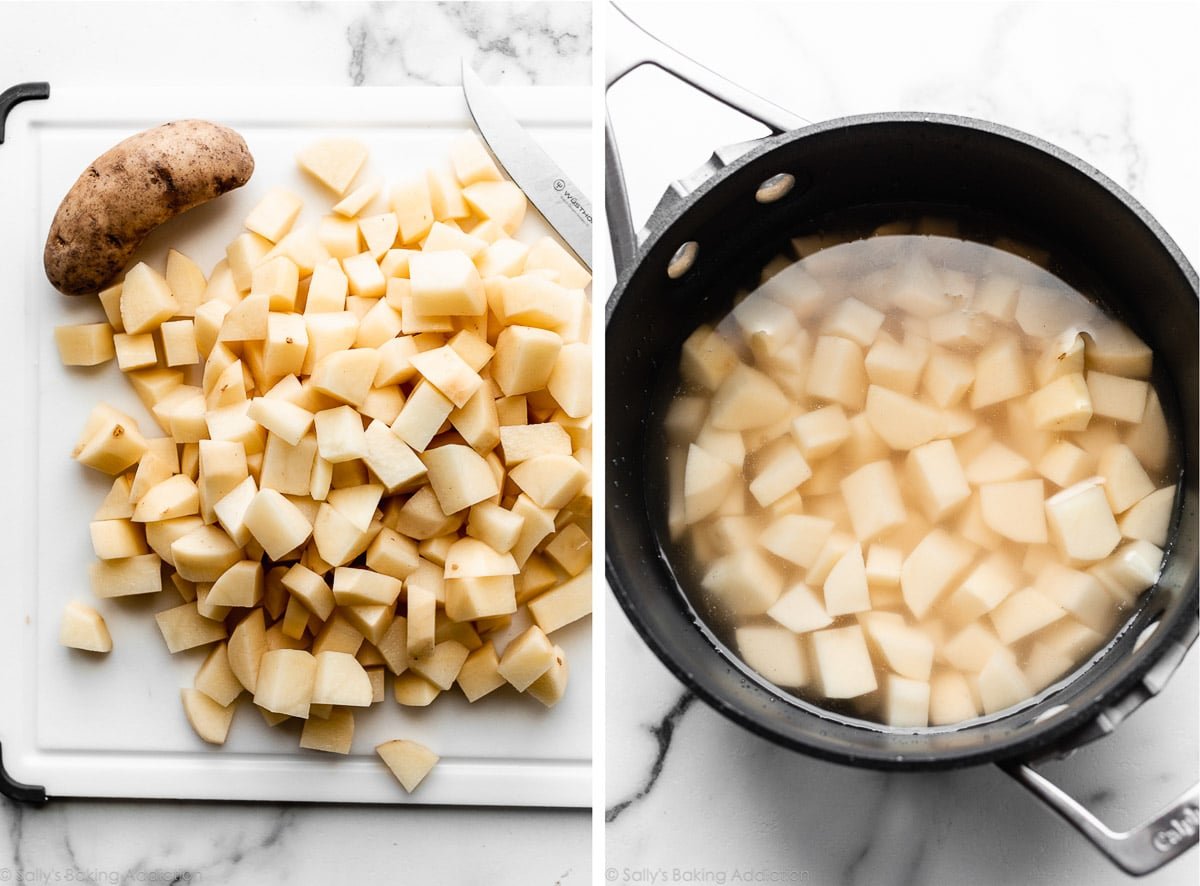 peeled and chopped potatoes on white cutting board and shown again under water in pot.