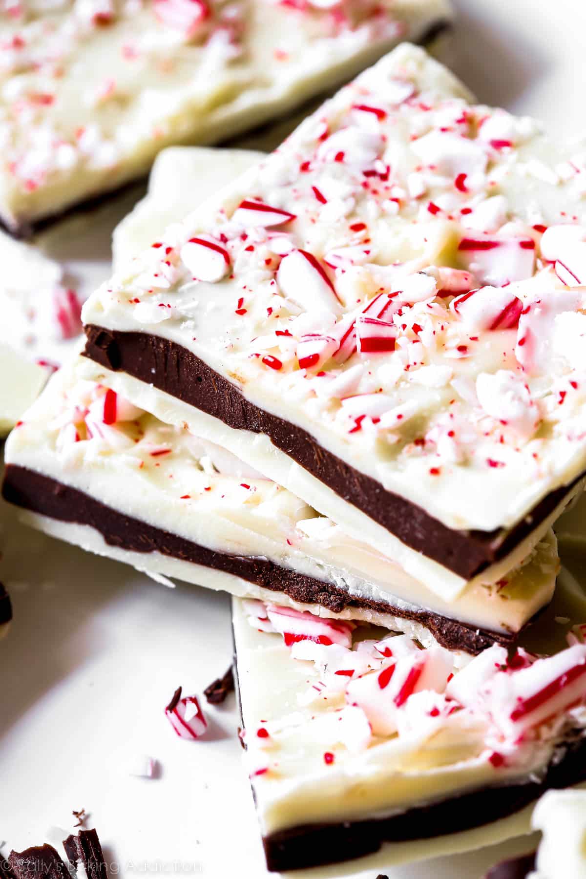 up-close photo of peppermint bark with crushed candy canes on top.